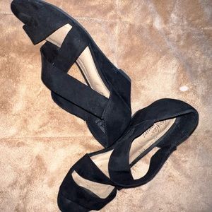 Black suede low wedges